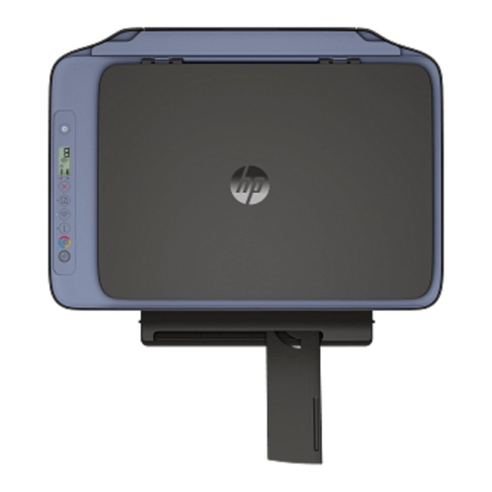 HP DeskJet 2921 all-in-one wireless printer in white and blue, front view