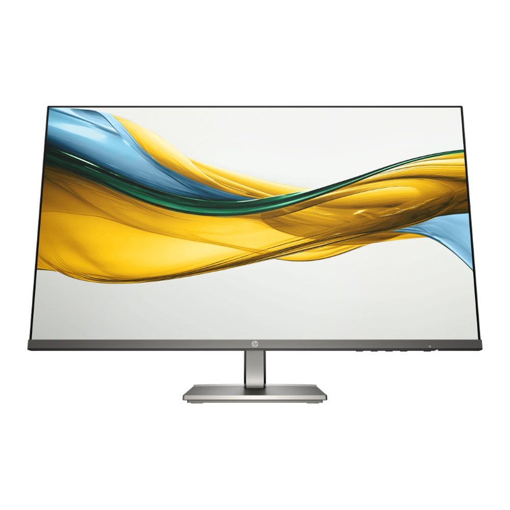 HP Series 5 527da 27 inch Full HD monitor on a silver stand, front view