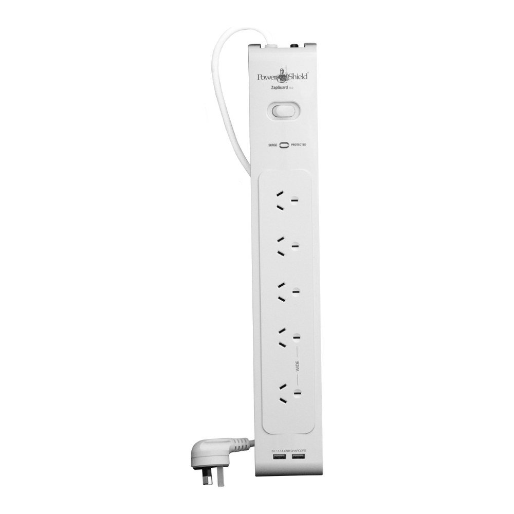 PowerShield ZapGuard white 5-outlet surge protected power board with two USB ports
