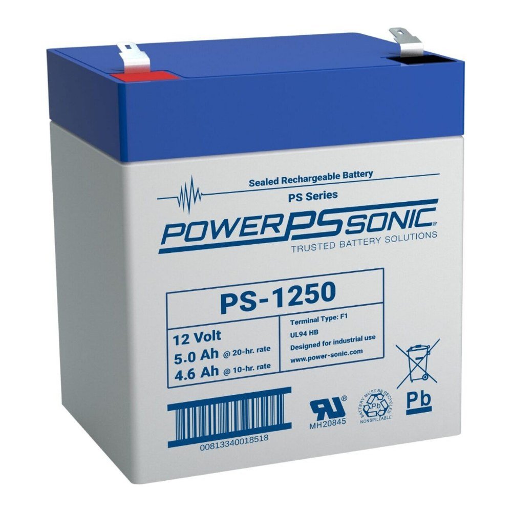 Power-Sonic PS-1250 12 volt 5Ah sealed lead-acid battery with F1 spade terminals