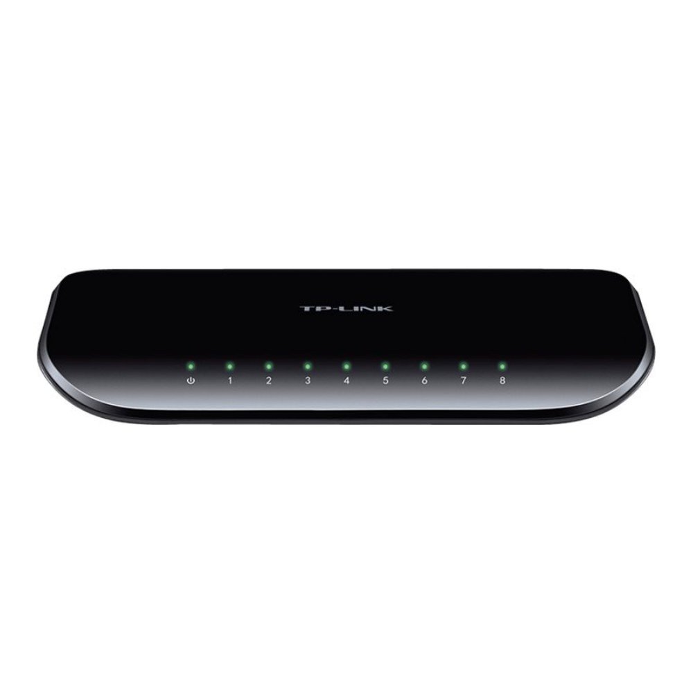 TP-Link TL-SG1008D 8-port gigabit desktop switch in black with green link LEDs